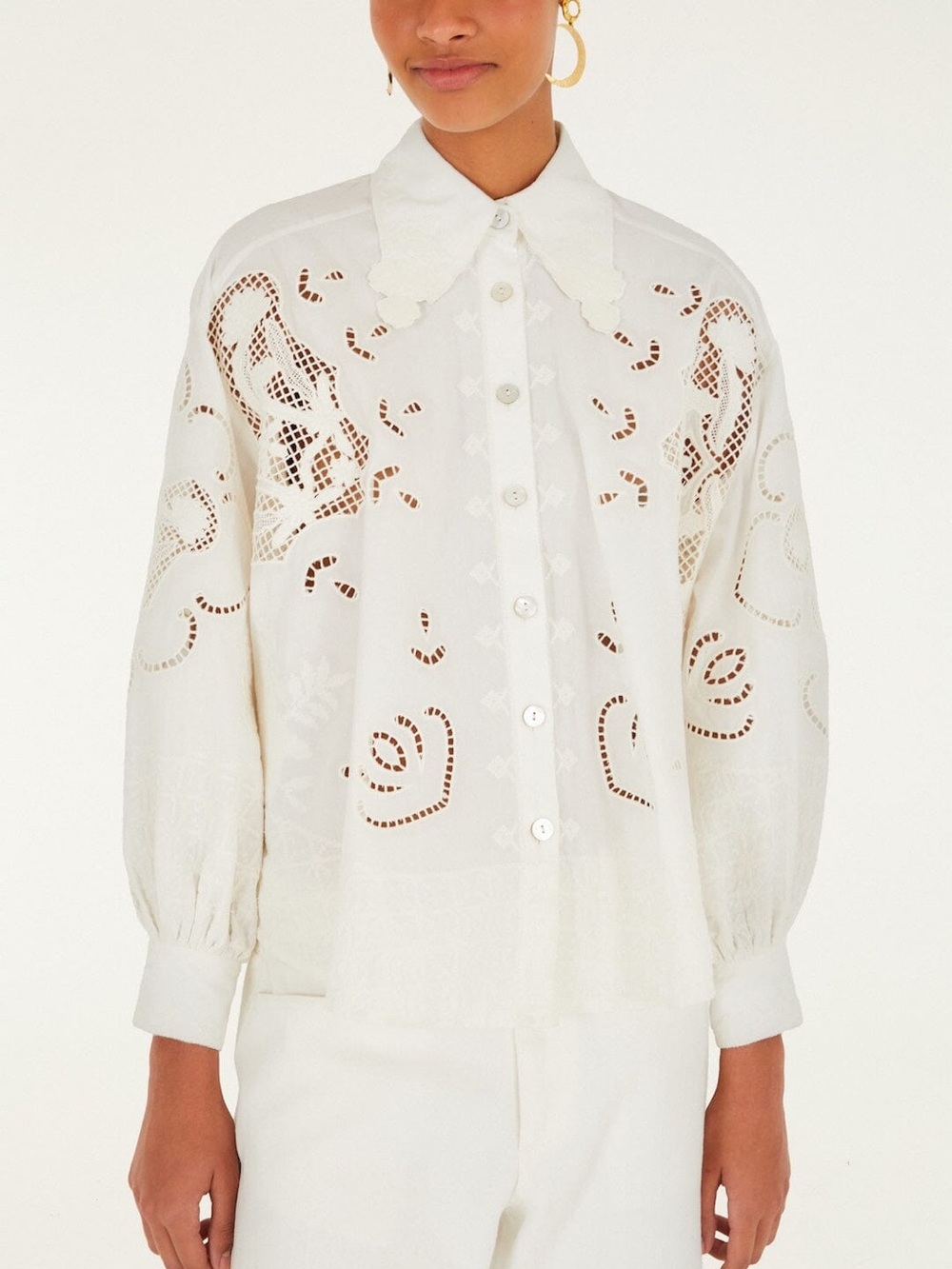 Farm Rio Off-White Embroidered Flowers Richelieu Shirt - Picture 4 of 8